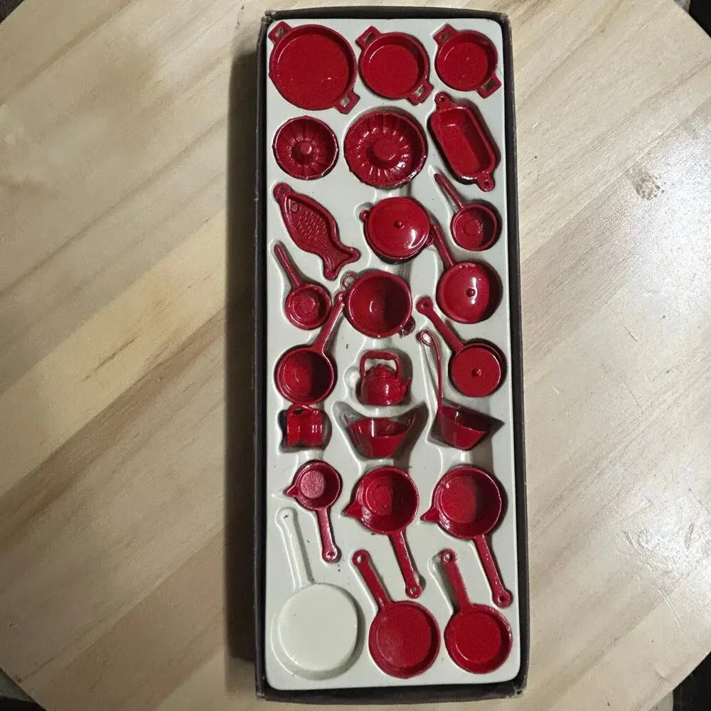 Vintage Red Miniature Doll Dishes Cast Iron Metal